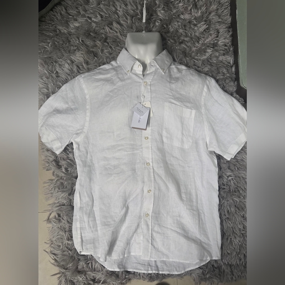 Porter & Ash White Linen Button-Up Short Sleeve Casual Dress Shirt Large